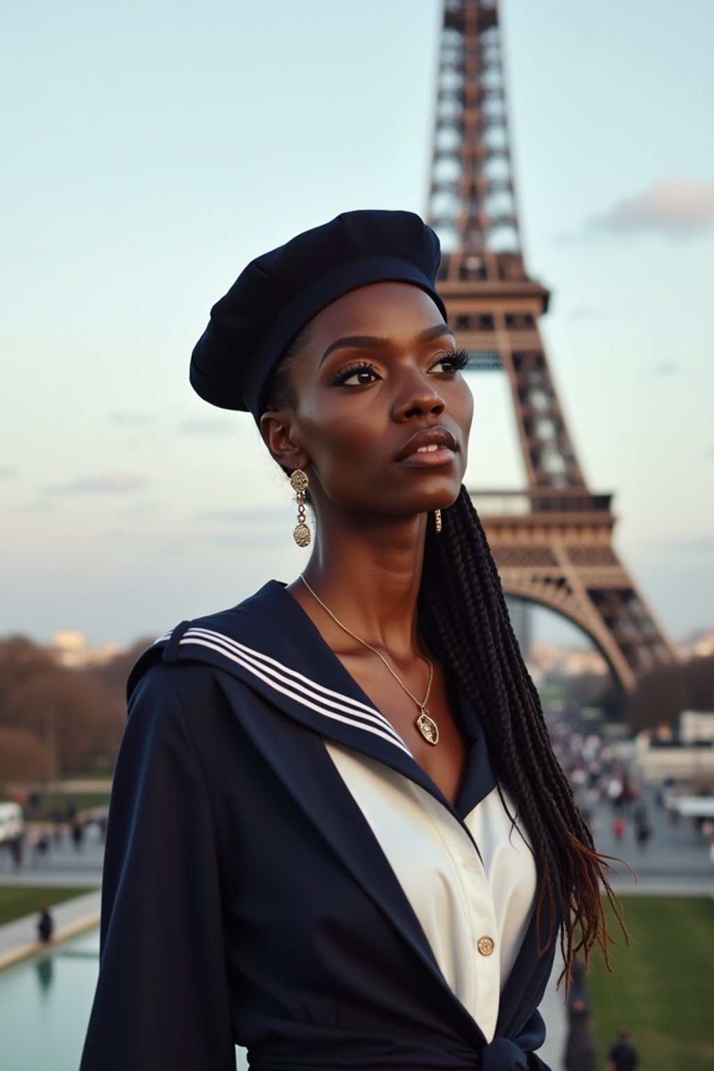 stylish and sophisticated  woman in Paris wearing a traditional Breton shirt and beret, Eiffel Tower in the background