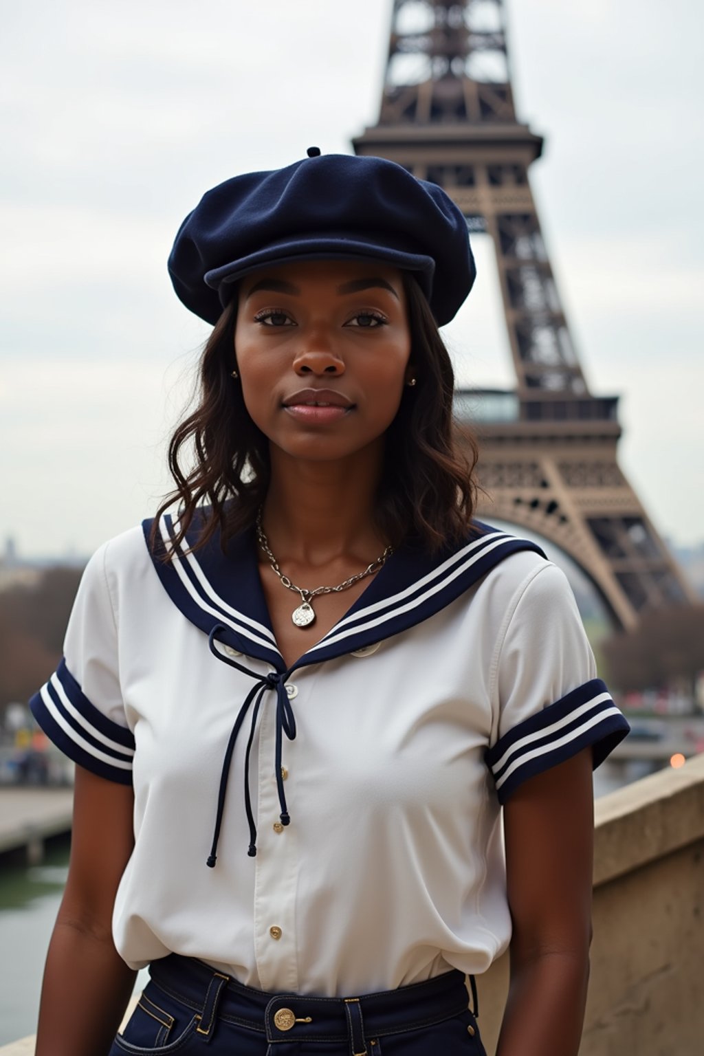 stylish and sophisticated  woman in Paris wearing a traditional Breton shirt and beret, Eiffel Tower in the background