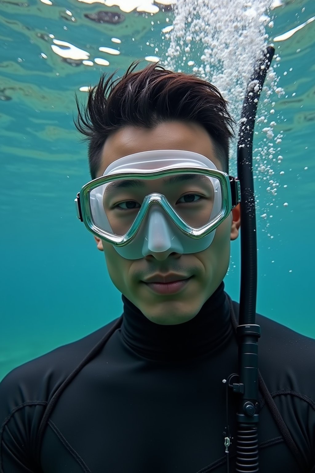 man as a scuba diver wearing diving goggles and wearing a wetsuit