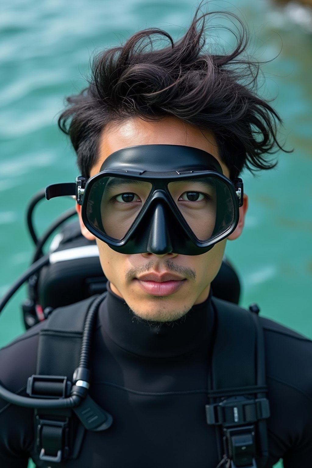 man as a scuba diver wearing diving goggles and wearing a wetsuit