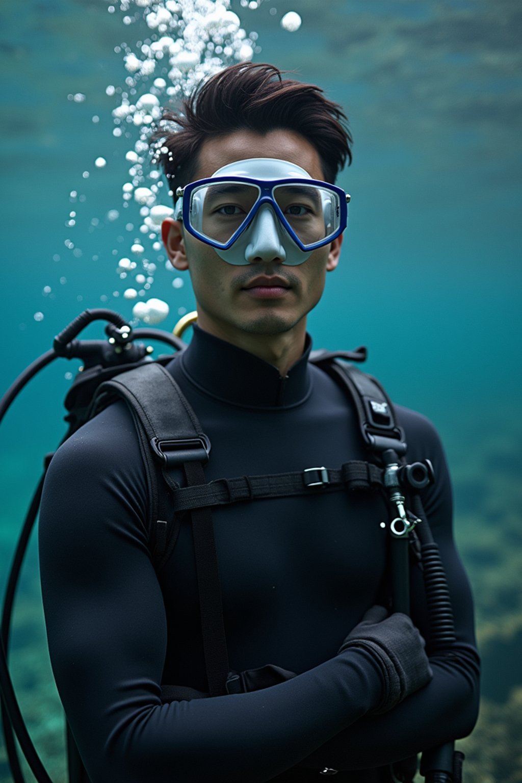 man as a scuba diver wearing diving goggles and wearing a wetsuit