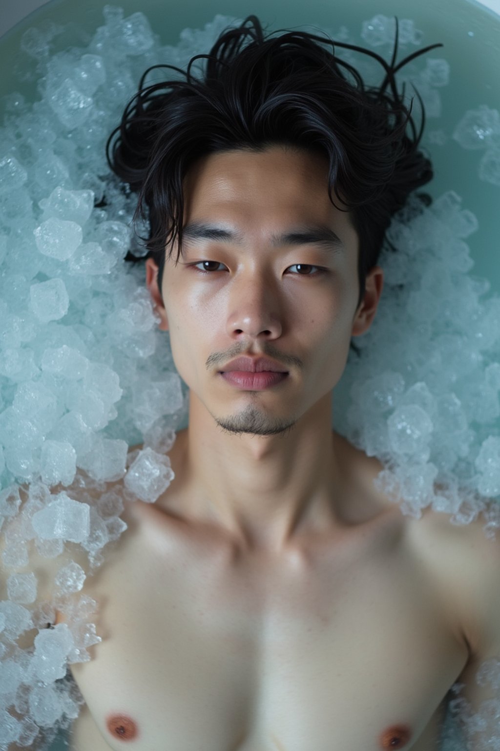 man lying in a bath of ice cubes