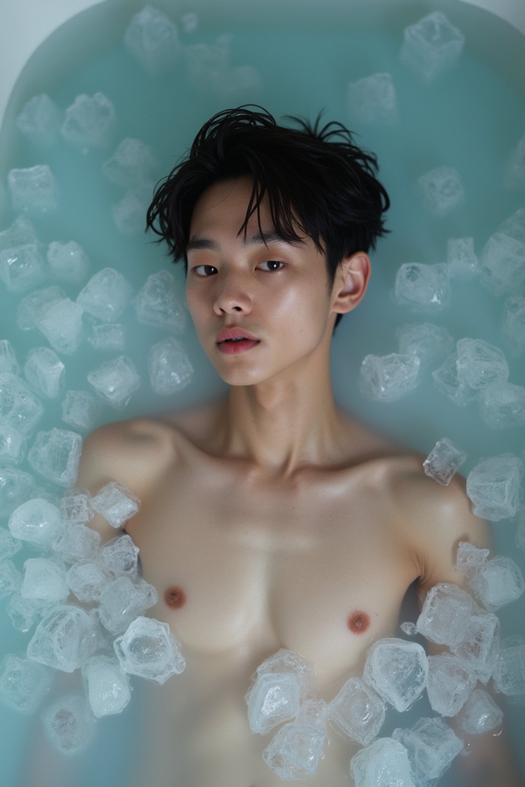 man lying in a bath of ice cubes