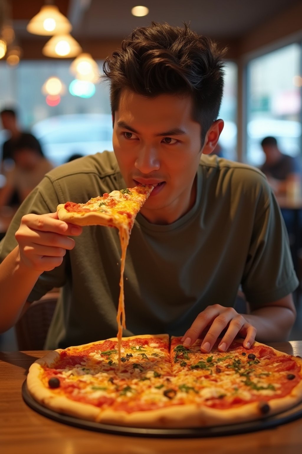 man sitting in a restaurant eating a large pizza