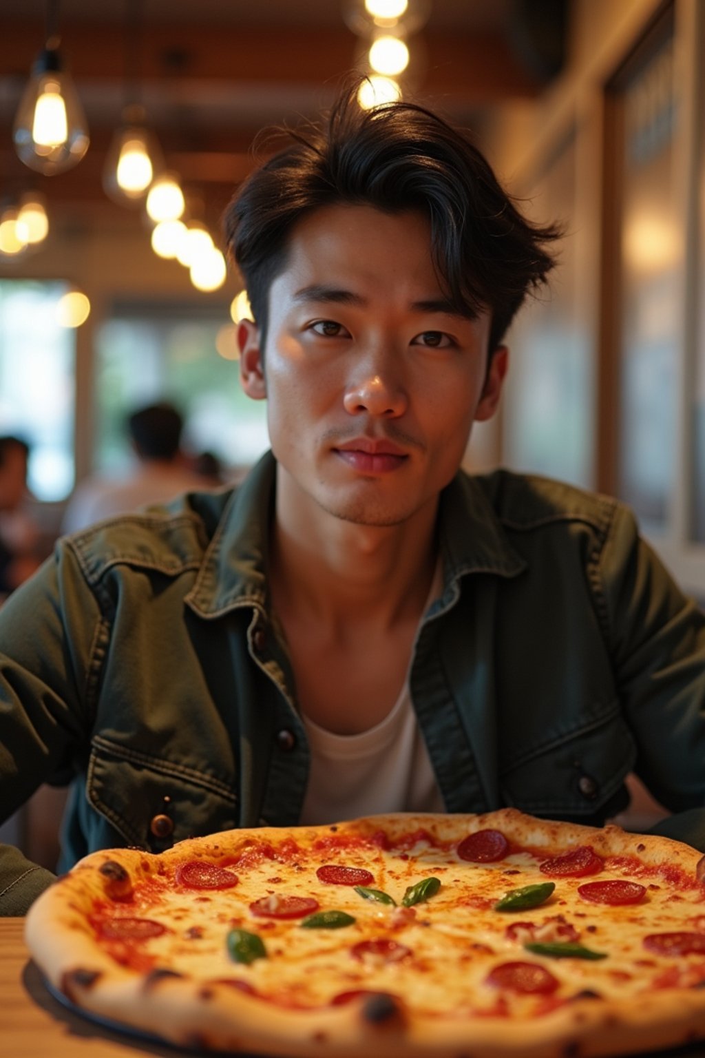 man sitting in a restaurant eating a large pizza