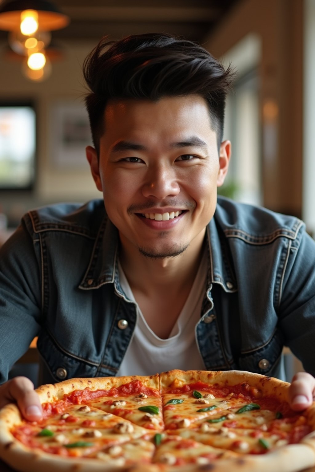 man sitting in a restaurant eating a large pizza