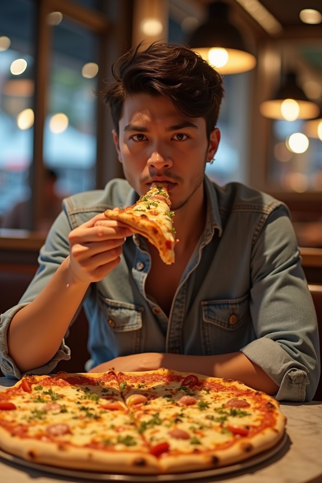 man sitting in a restaurant eating a large pizza