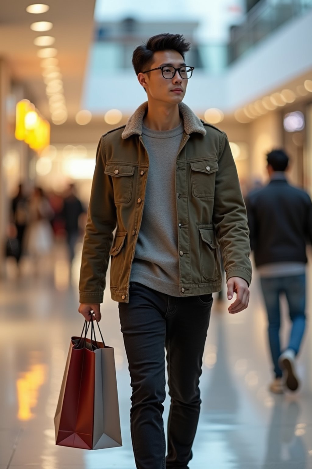 man walking in a shopping mall, holding shopping bags. shops in background