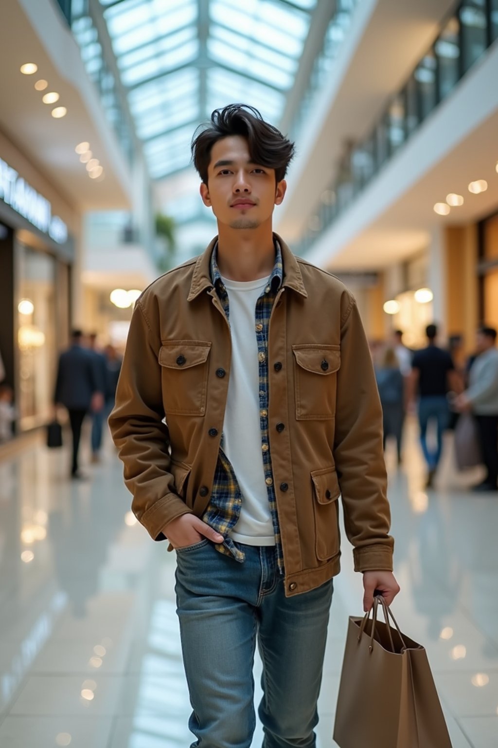 man walking in a shopping mall, holding shopping bags. shops in background