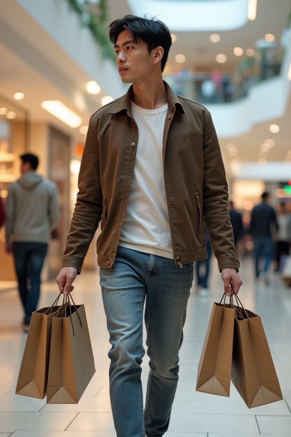 man walking in a shopping mall, holding shopping bags. shops in background