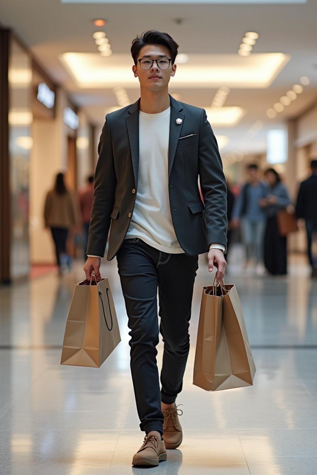 man walking in a shopping mall, holding shopping bags. shops in background