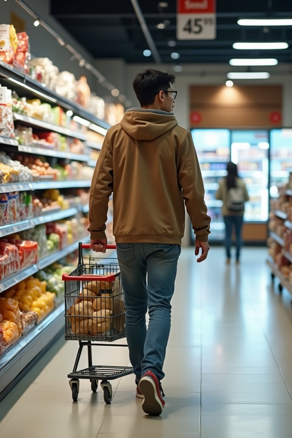 man in Supermarket walking with Shopping Cart in the Supermarket Aisle. Background of Supermarket