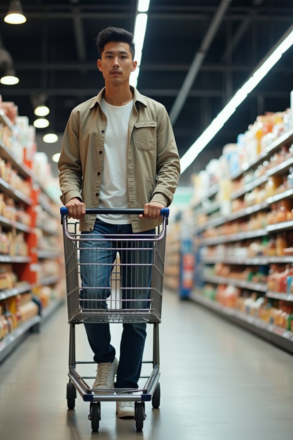 man in Supermarket walking with Shopping Cart in the Supermarket Aisle. Background of Supermarket