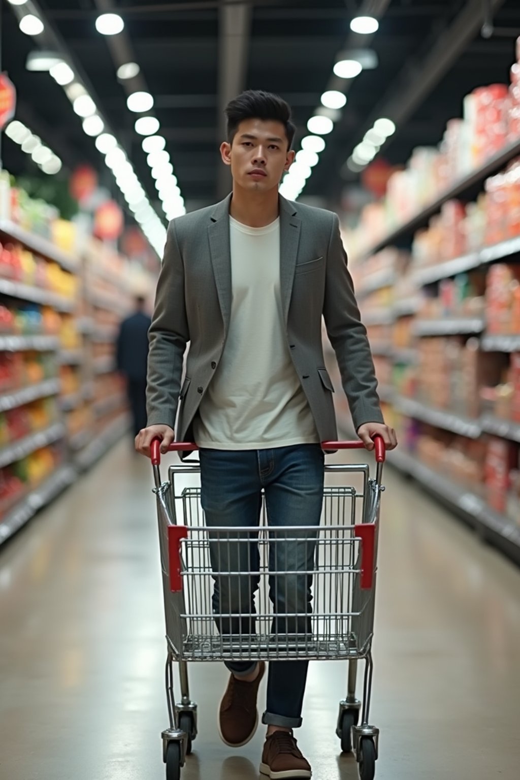 man in Supermarket walking with Shopping Cart in the Supermarket Aisle. Background of Supermarket