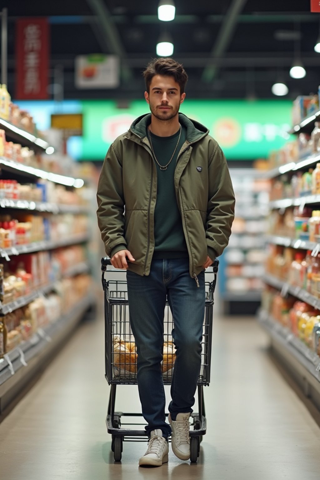 man in Supermarket walking with Shopping Cart in the Supermarket Aisle. Background of Supermarket