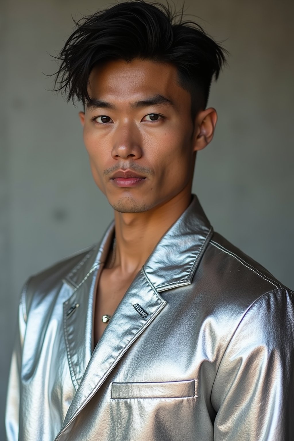 man in silver metallic style, wearing shiny metallic fashion