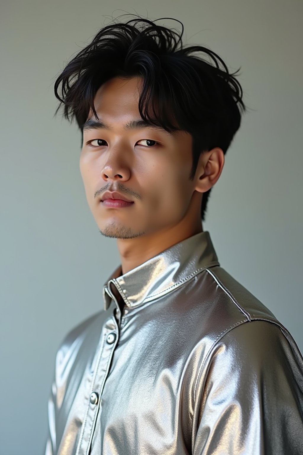 man in silver metallic style, wearing shiny metallic fashion