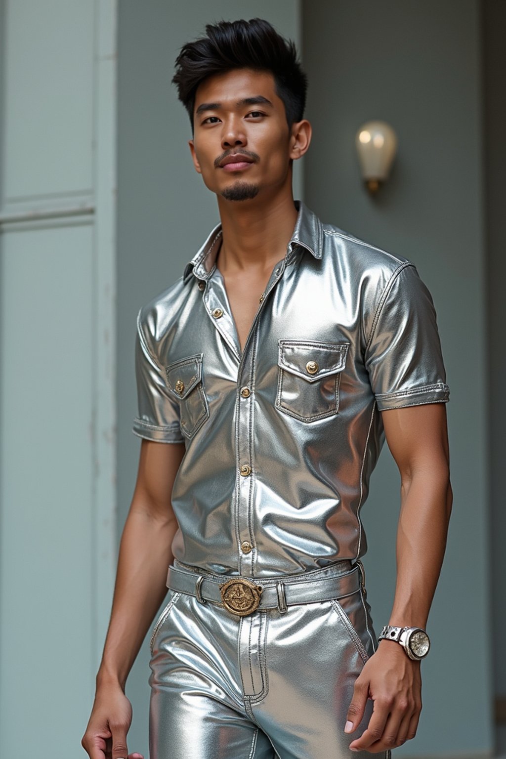 man in silver metallic style, wearing shiny metallic fashion