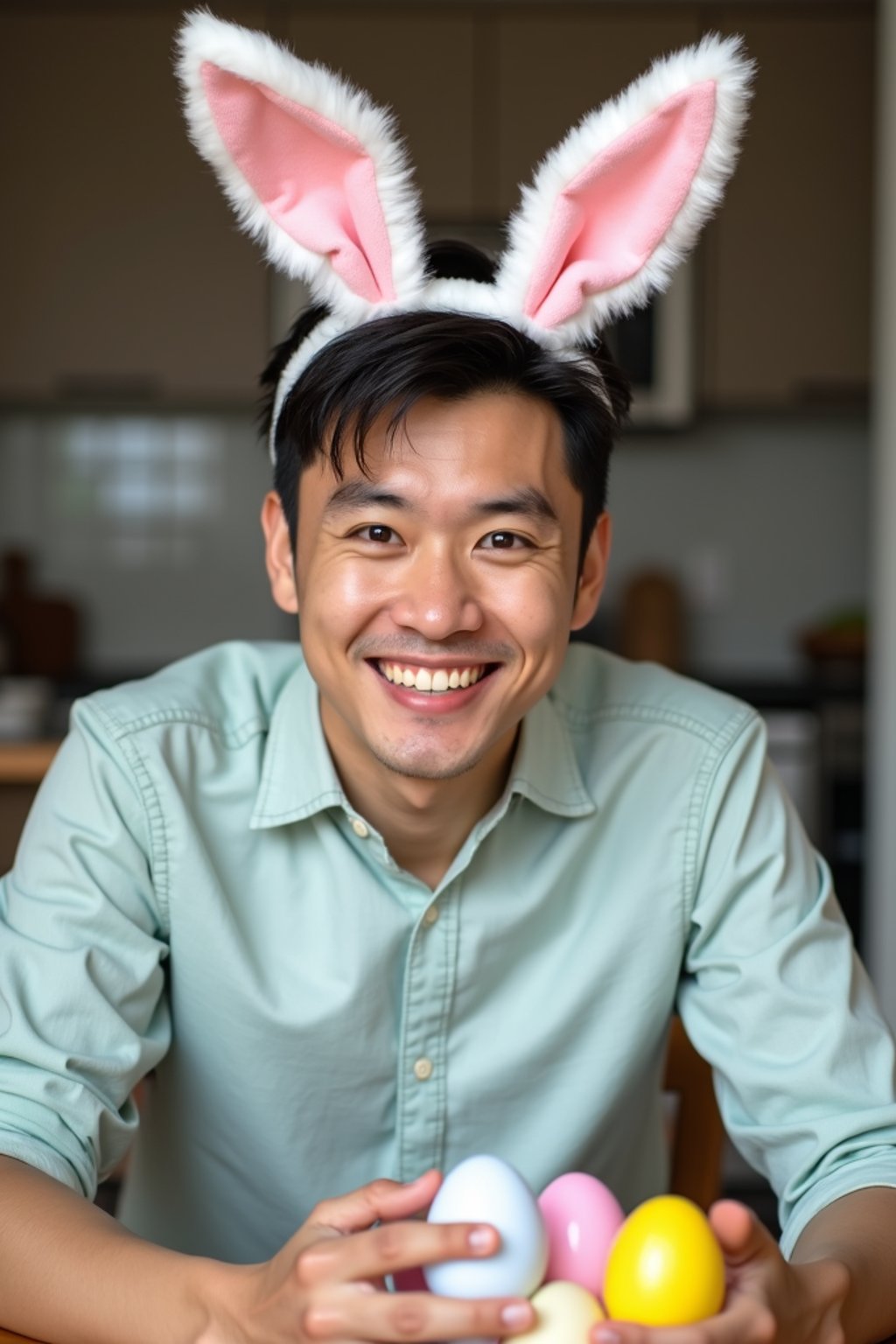 man dressed up for Easter with Easter Bunny Ears at the Easter Breakfast. Easter Eggs. Easter Bunny