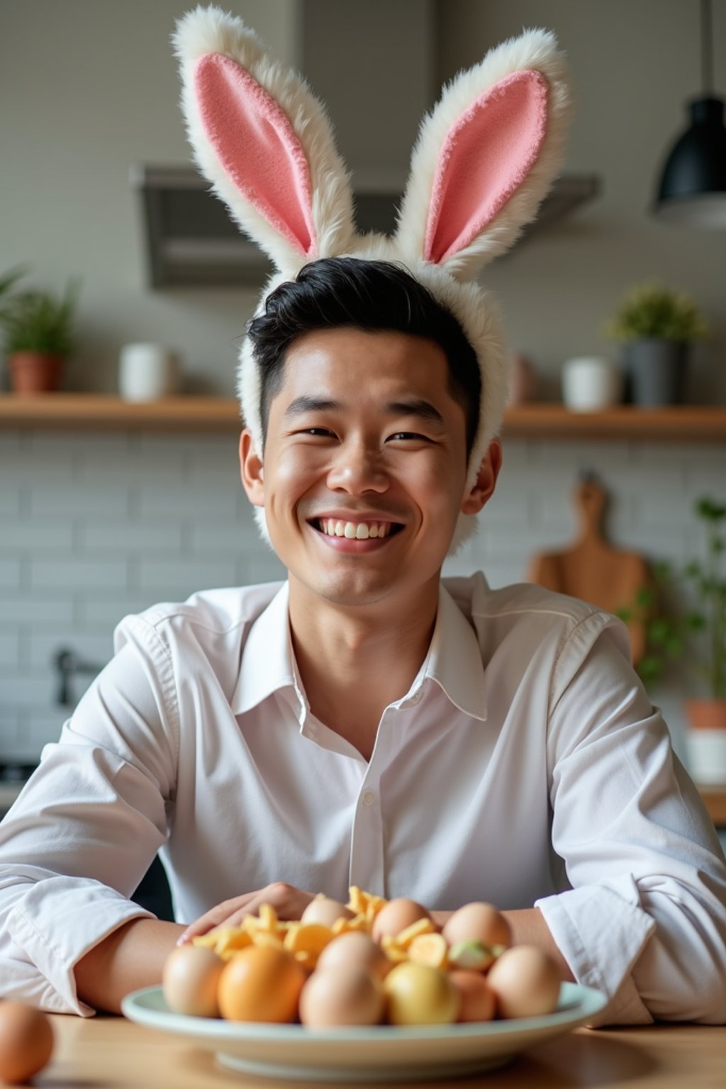 man dressed up for Easter with Easter Bunny Ears at the Easter Breakfast. Easter Eggs. Easter Bunny