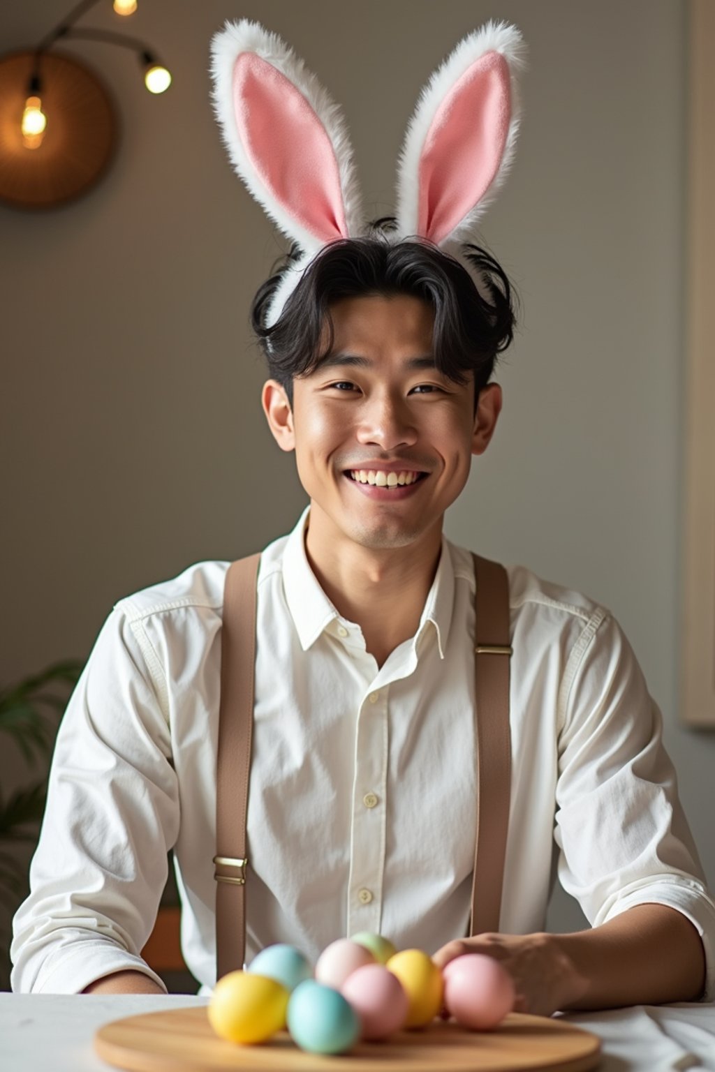 man dressed up for Easter with Easter Bunny Ears at the Easter Breakfast. Easter Eggs. Easter Bunny