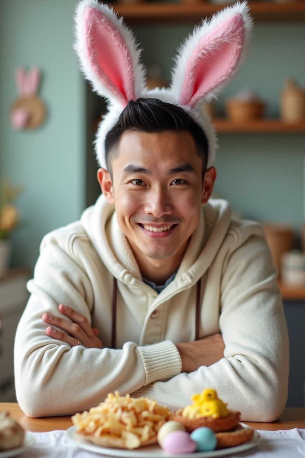 man dressed up for Easter with Easter Bunny Ears at the Easter Breakfast. Easter Eggs. Easter Bunny