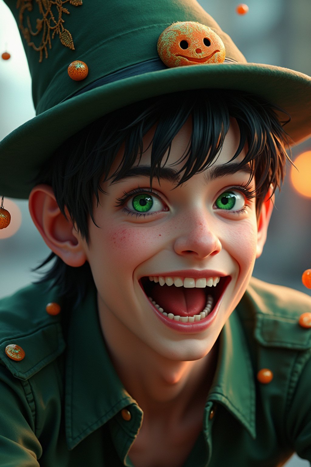 man as the personification of the Halloween holiday in the form of man with a villain's smile, (cute)cute hats, cute cheeks, unreal engine, highly detailed, artgerm digital illustration, woo tooth, studio ghibli, deviantart, sharp focus, artstation, by Alexei Vinogradov bakery, sweets, emerald eyes