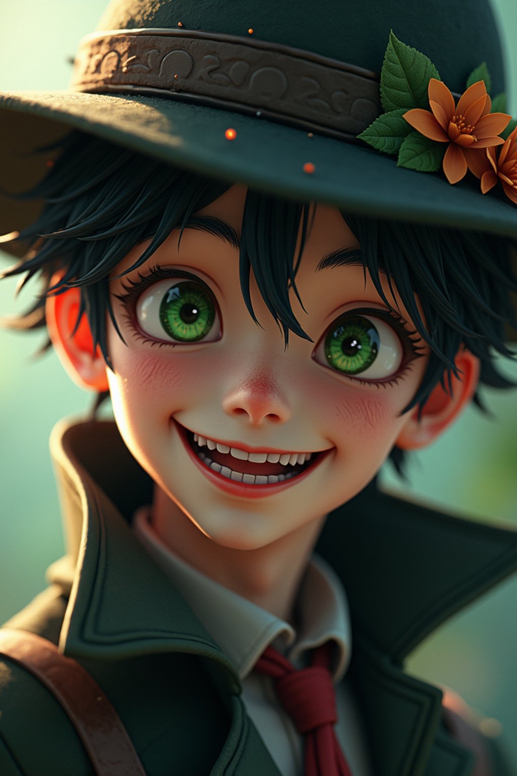 man as the personification of the Halloween holiday in the form of man with a villain's smile, (cute)cute hats, cute cheeks, unreal engine, highly detailed, artgerm digital illustration, woo tooth, studio ghibli, deviantart, sharp focus, artstation, by Alexei Vinogradov bakery, sweets, emerald eyes