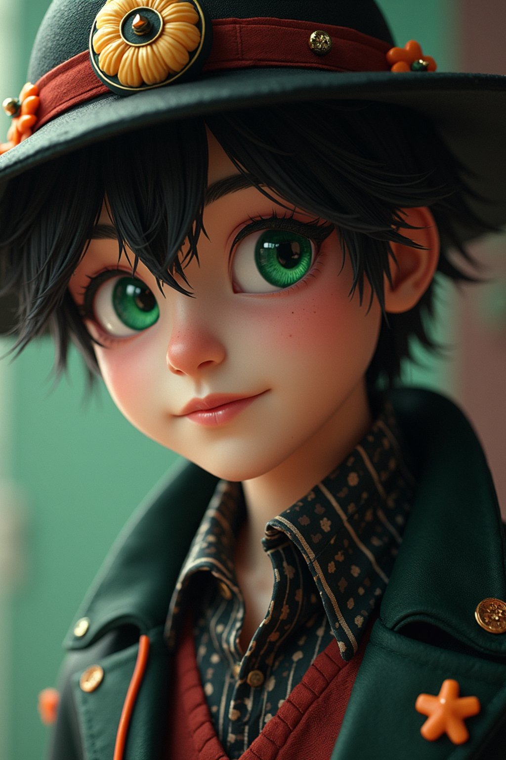 man as the personification of the Halloween holiday in the form of man with a villain's smile, (cute)cute hats, cute cheeks, unreal engine, highly detailed, artgerm digital illustration, woo tooth, studio ghibli, deviantart, sharp focus, artstation, by Alexei Vinogradov bakery, sweets, emerald eyes