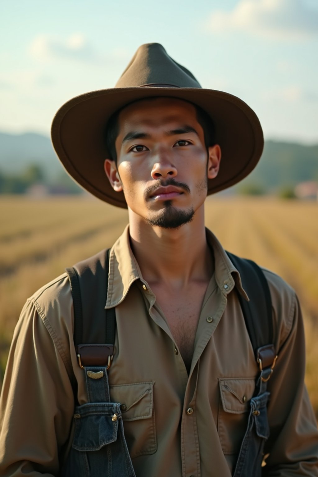 man farmer with farm in background