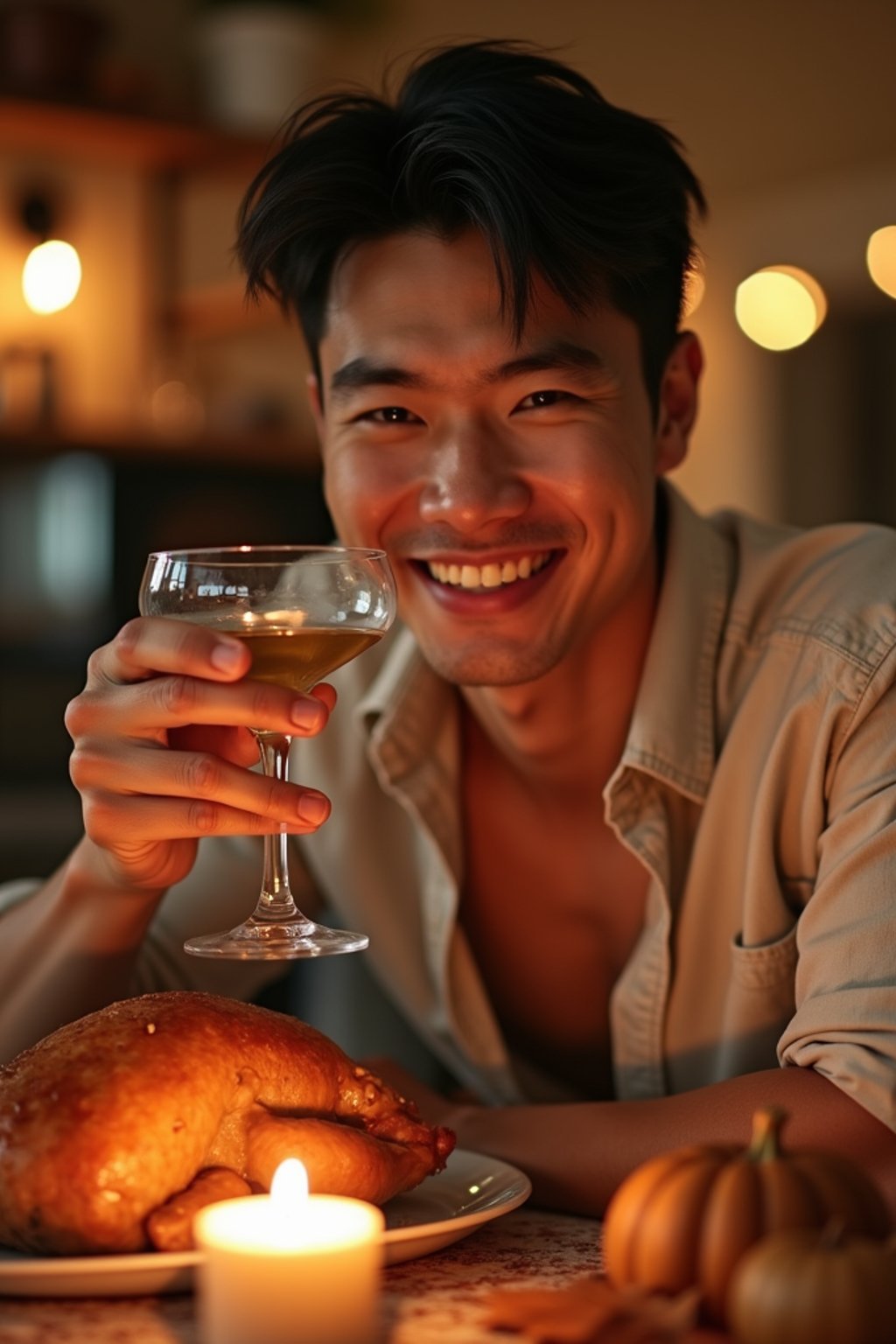 man celebrating Thanksgiving with cocktail and turkey meat in background