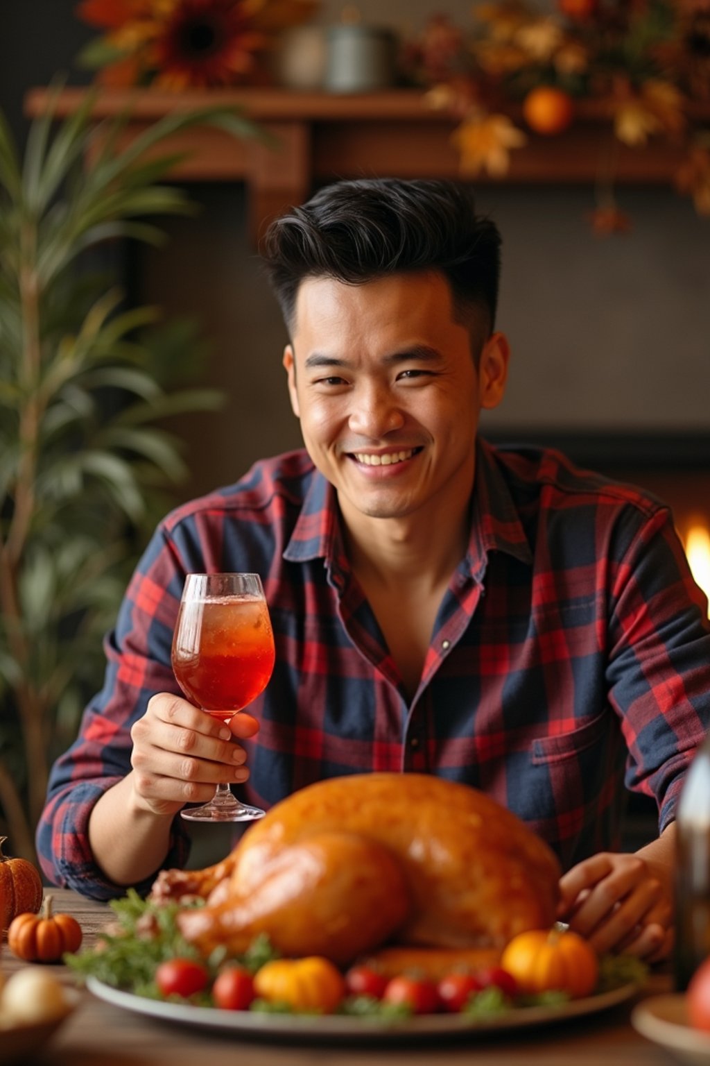 man celebrating Thanksgiving with cocktail and turkey meat in background