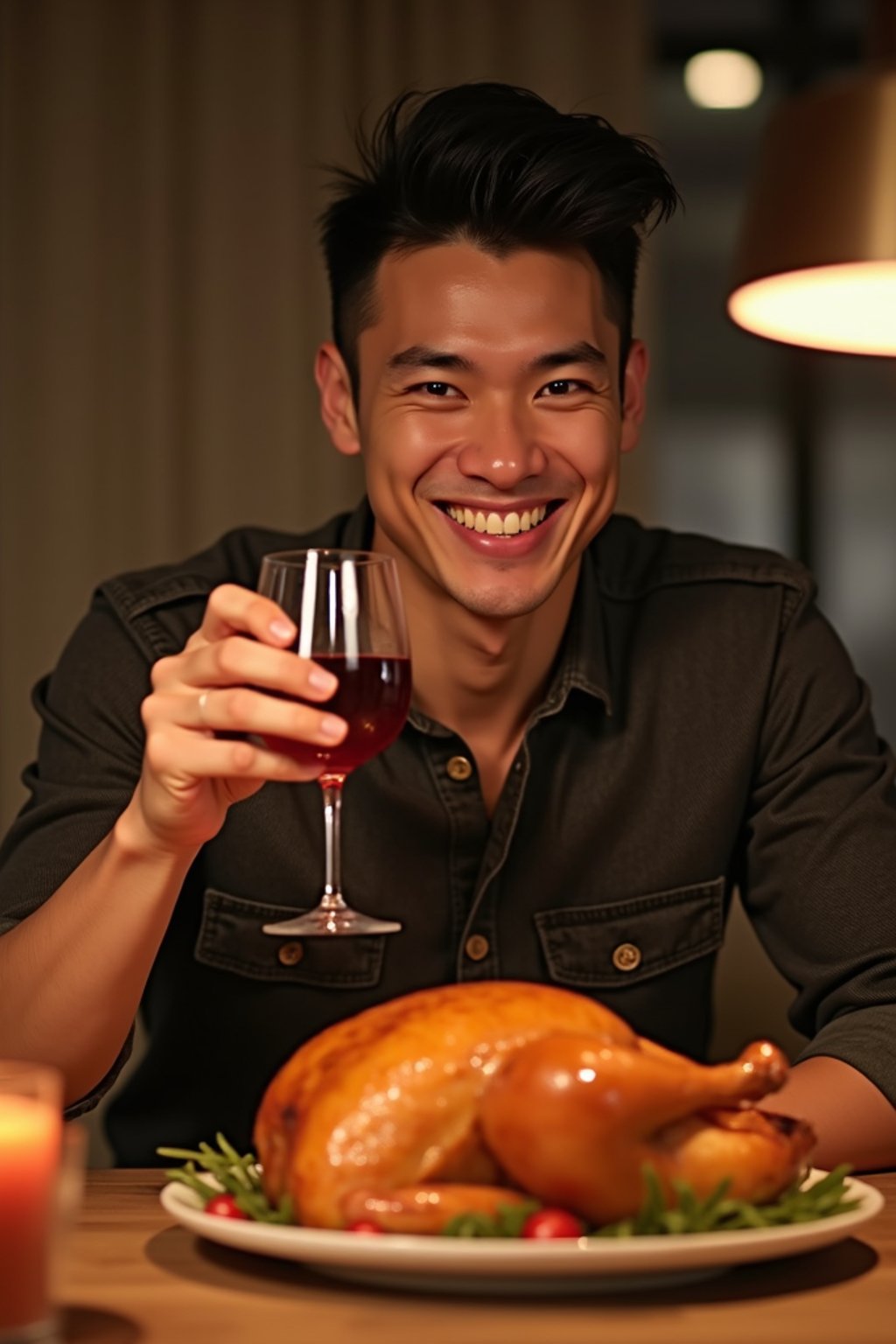 man celebrating Thanksgiving with cocktail and turkey meat in background