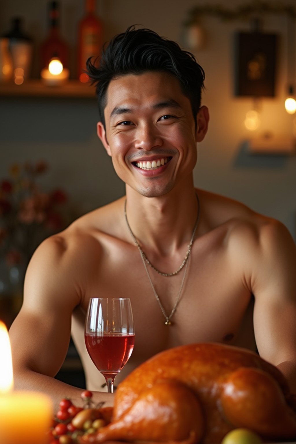 man celebrating Thanksgiving with cocktail and turkey meat in background