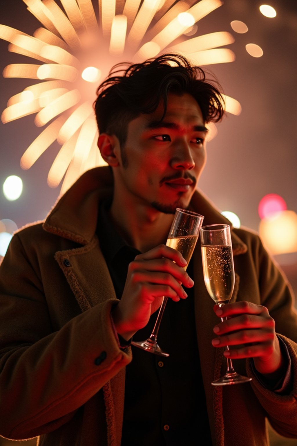 man celebrating New Year's Eve with champagne and Fireworks in background