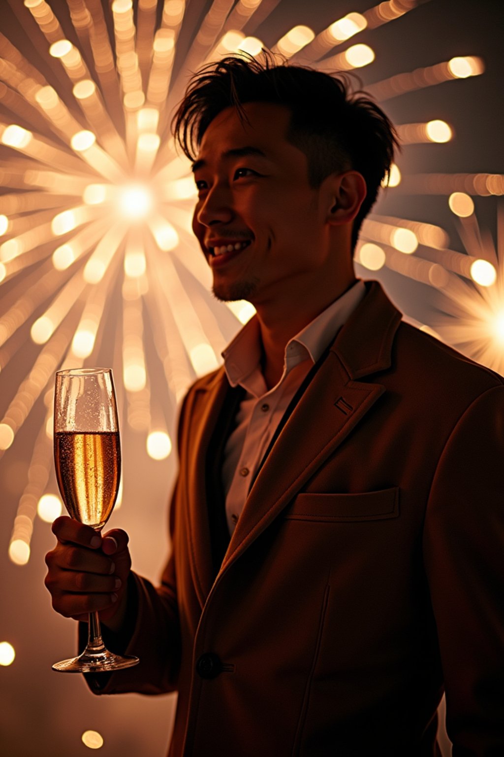 man celebrating New Year's Eve with champagne and Fireworks in background