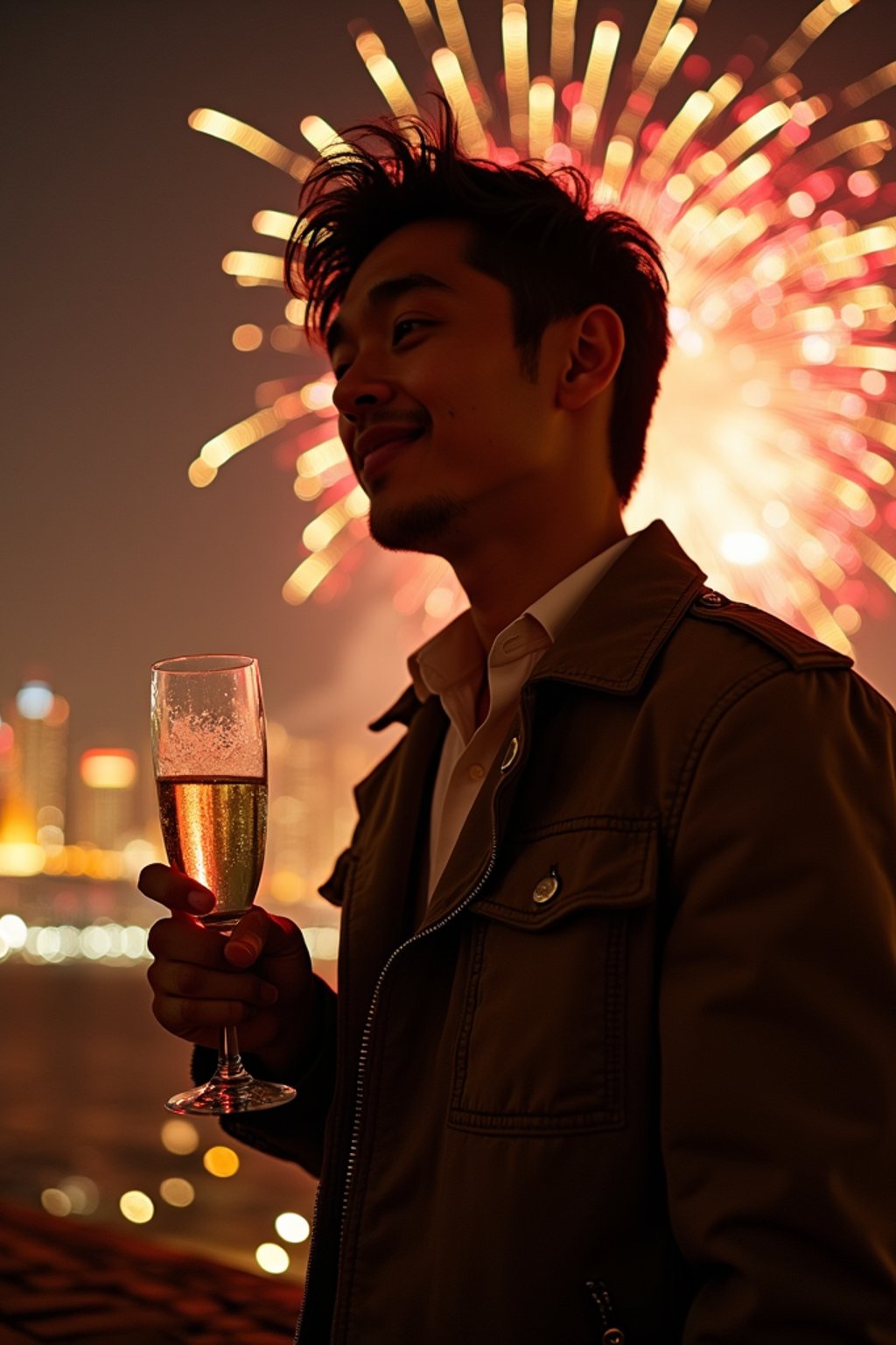 man celebrating New Year's Eve with champagne and Fireworks in background