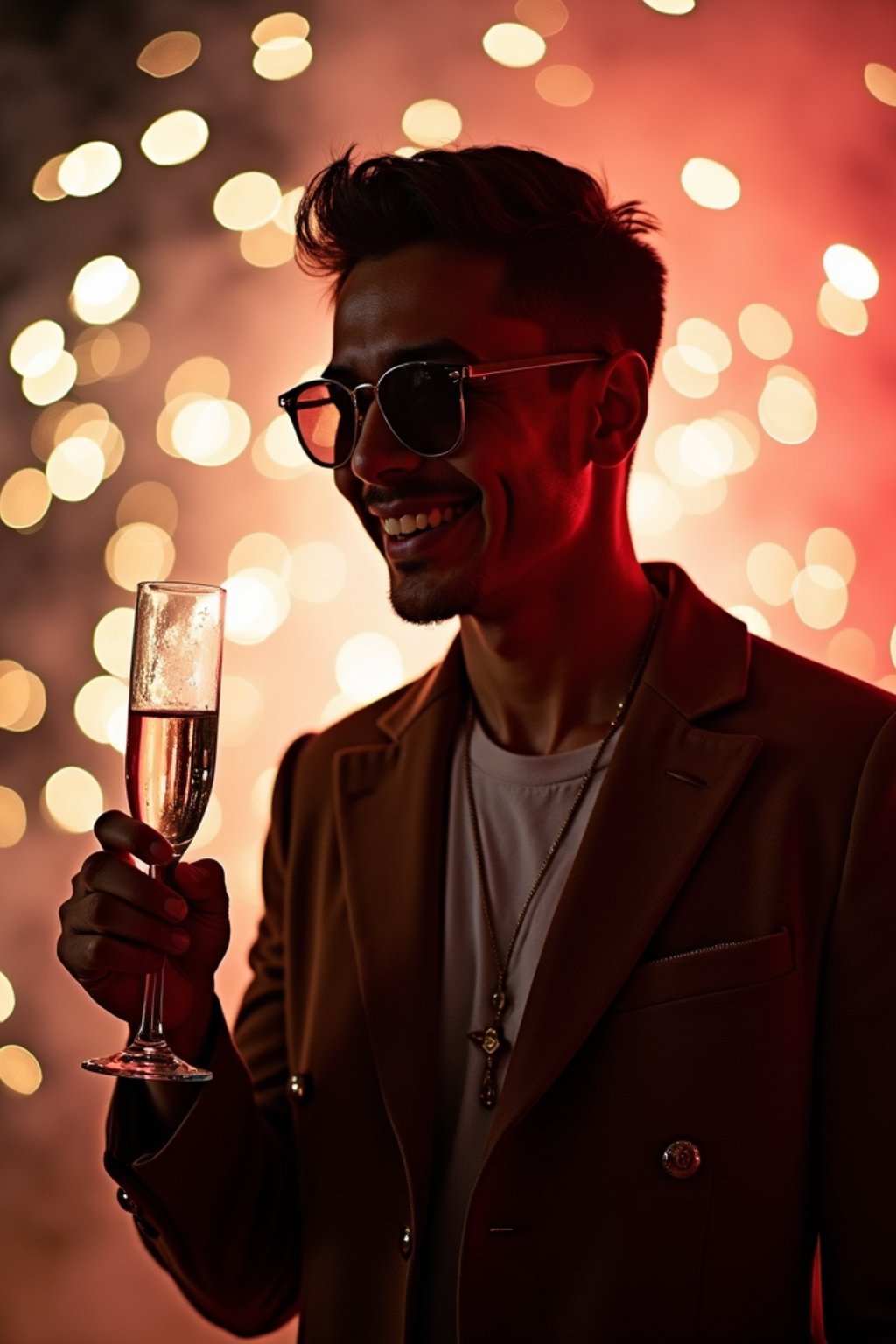 man celebrating New Year's Eve with champagne and Fireworks in background