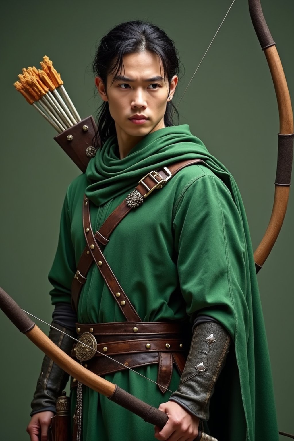 man as a Medieval Elf Archer Warrior in Green Robe