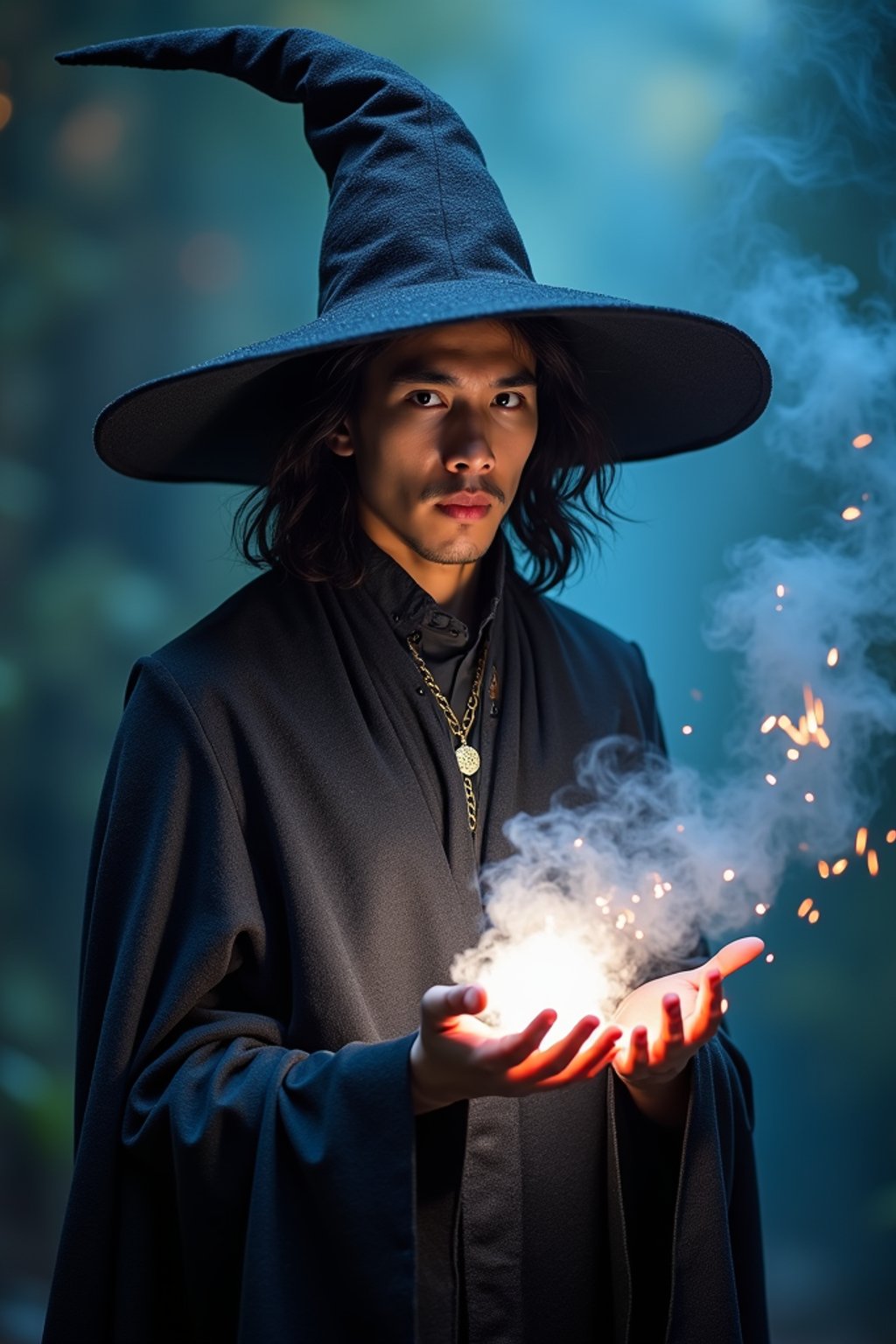 man as a Wizard with a Wizard robe and big hat, crystal magic, dramatic light