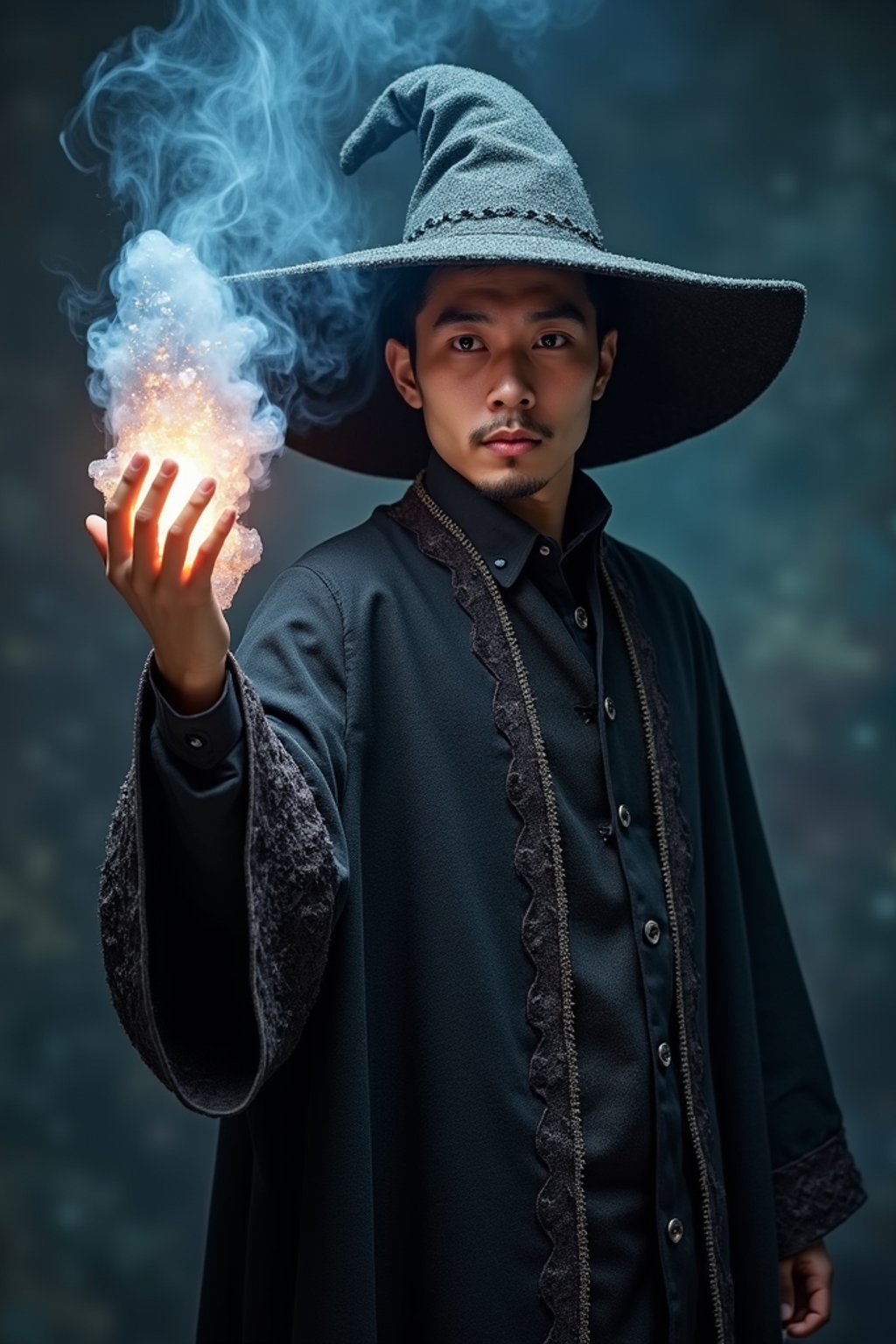 man as a Wizard with a Wizard robe and big hat, crystal magic, dramatic light