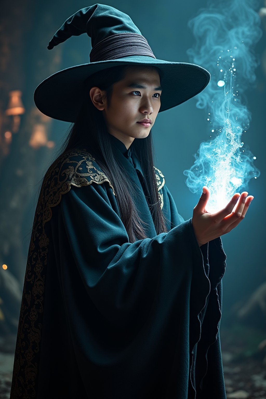 man as a Wizard with a Wizard robe and big hat, crystal magic, dramatic light