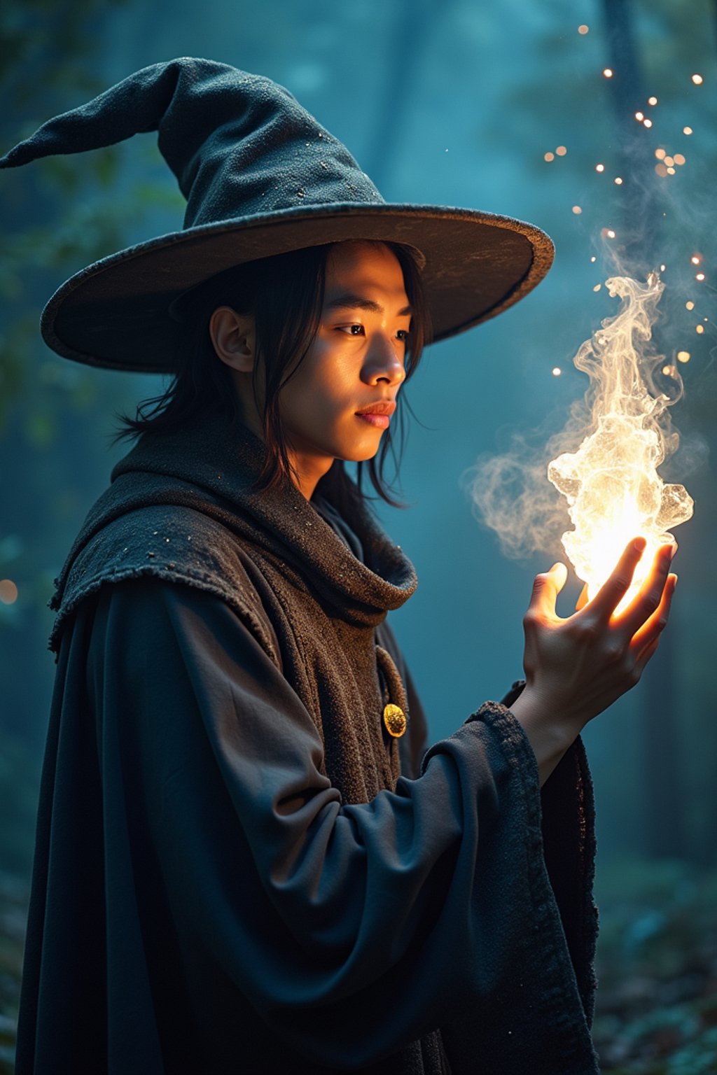 man as a Wizard with a Wizard robe and big hat, crystal magic, dramatic light