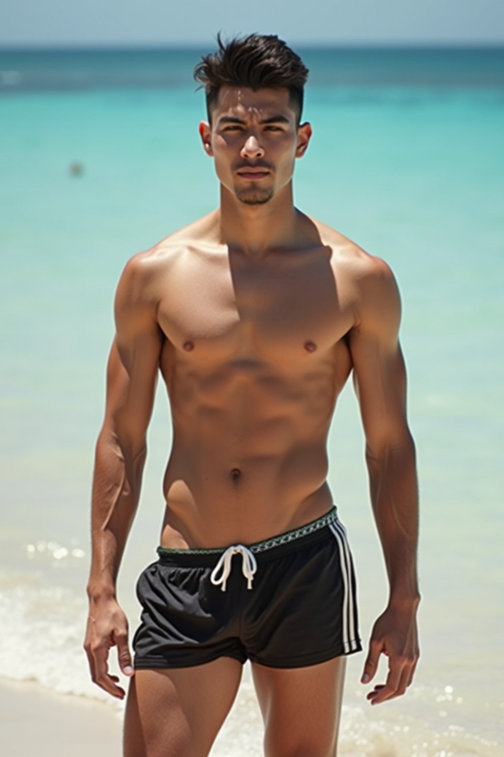 man in shirtless in swim shorts  on the Beach