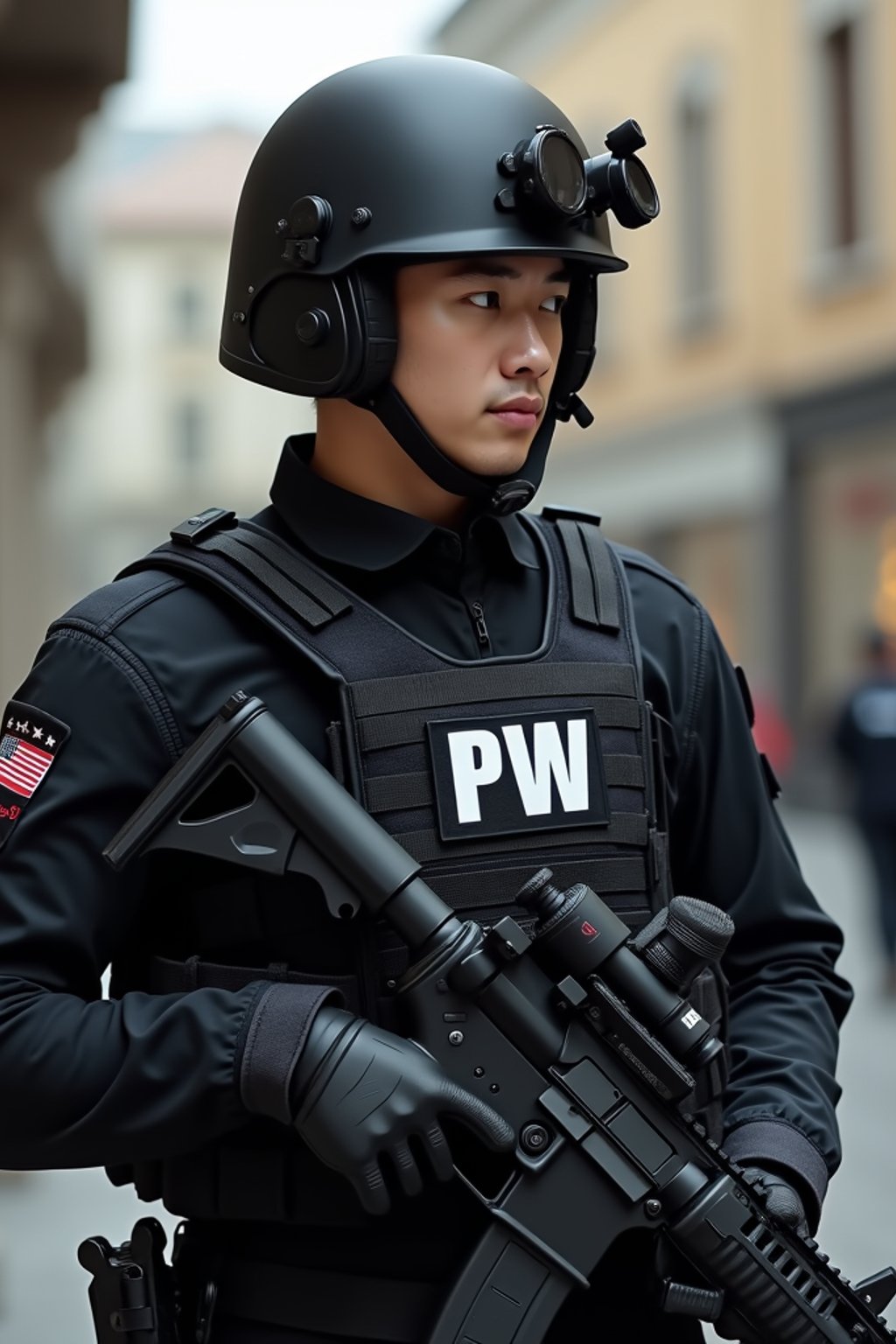 man as a SWAT Officer. wearing black swat vest, swat helmet, holding pdw