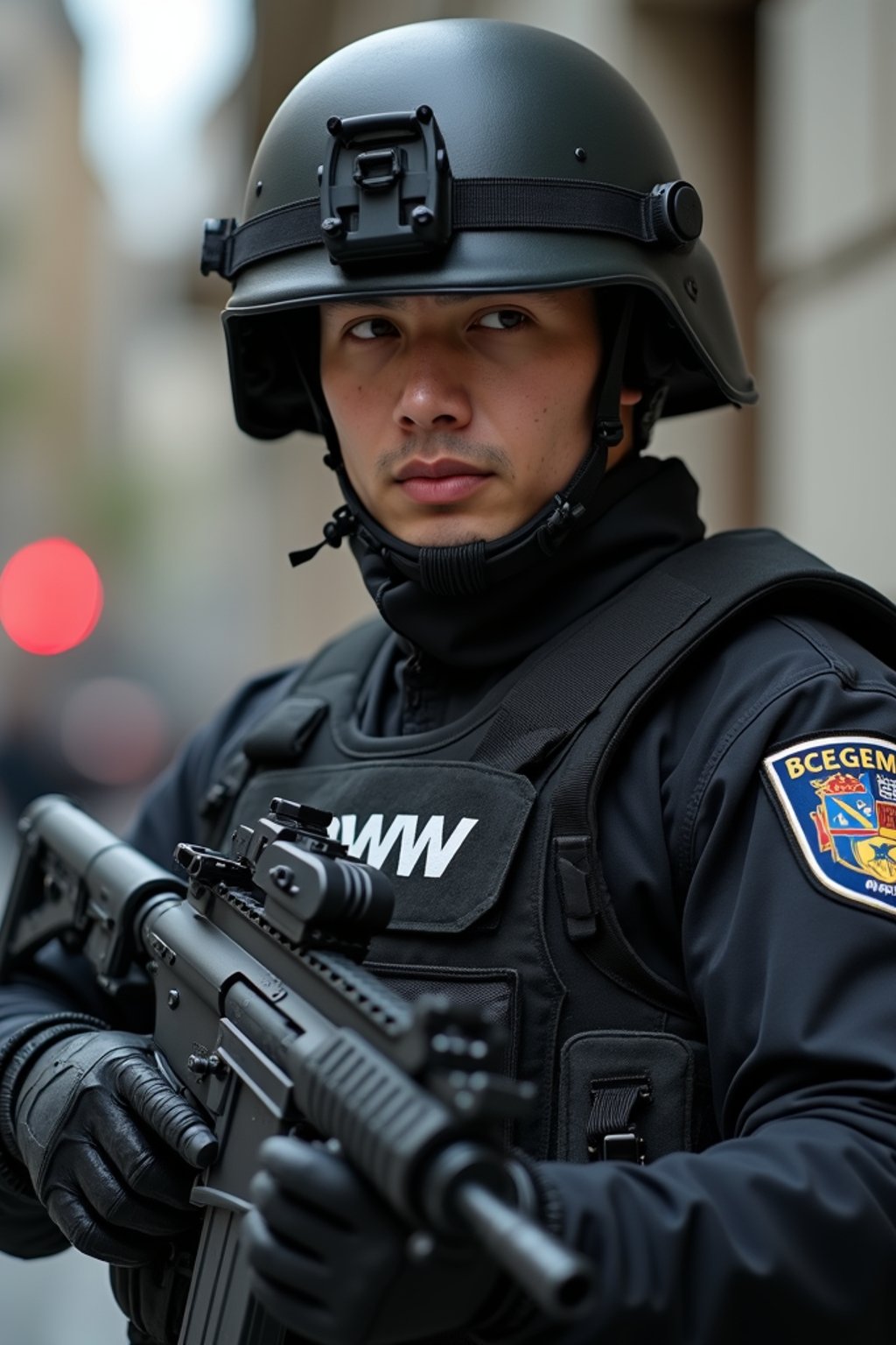 man as a SWAT Officer. wearing black swat vest, swat helmet, holding pdw