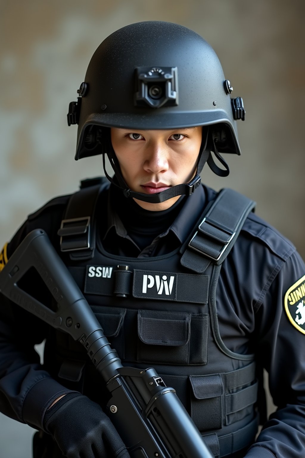 man as a SWAT Officer. wearing black swat vest, swat helmet, holding pdw