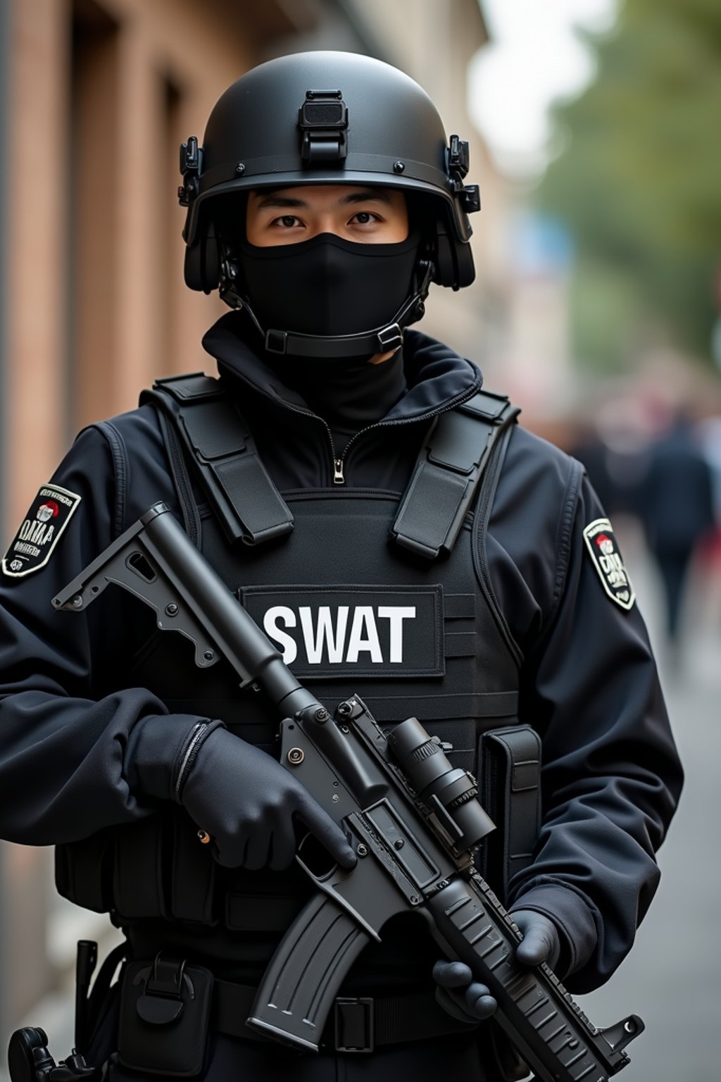 man as a SWAT Officer. wearing black swat vest, swat helmet, holding pdw