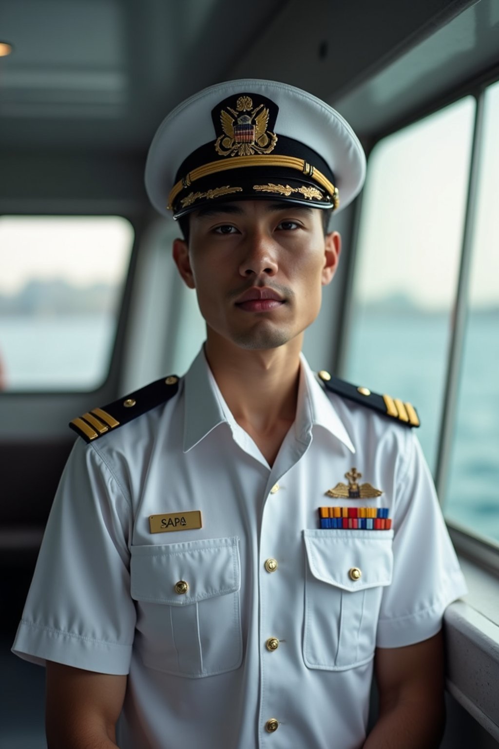 man as a Navy Officer on a ship. highly detailed