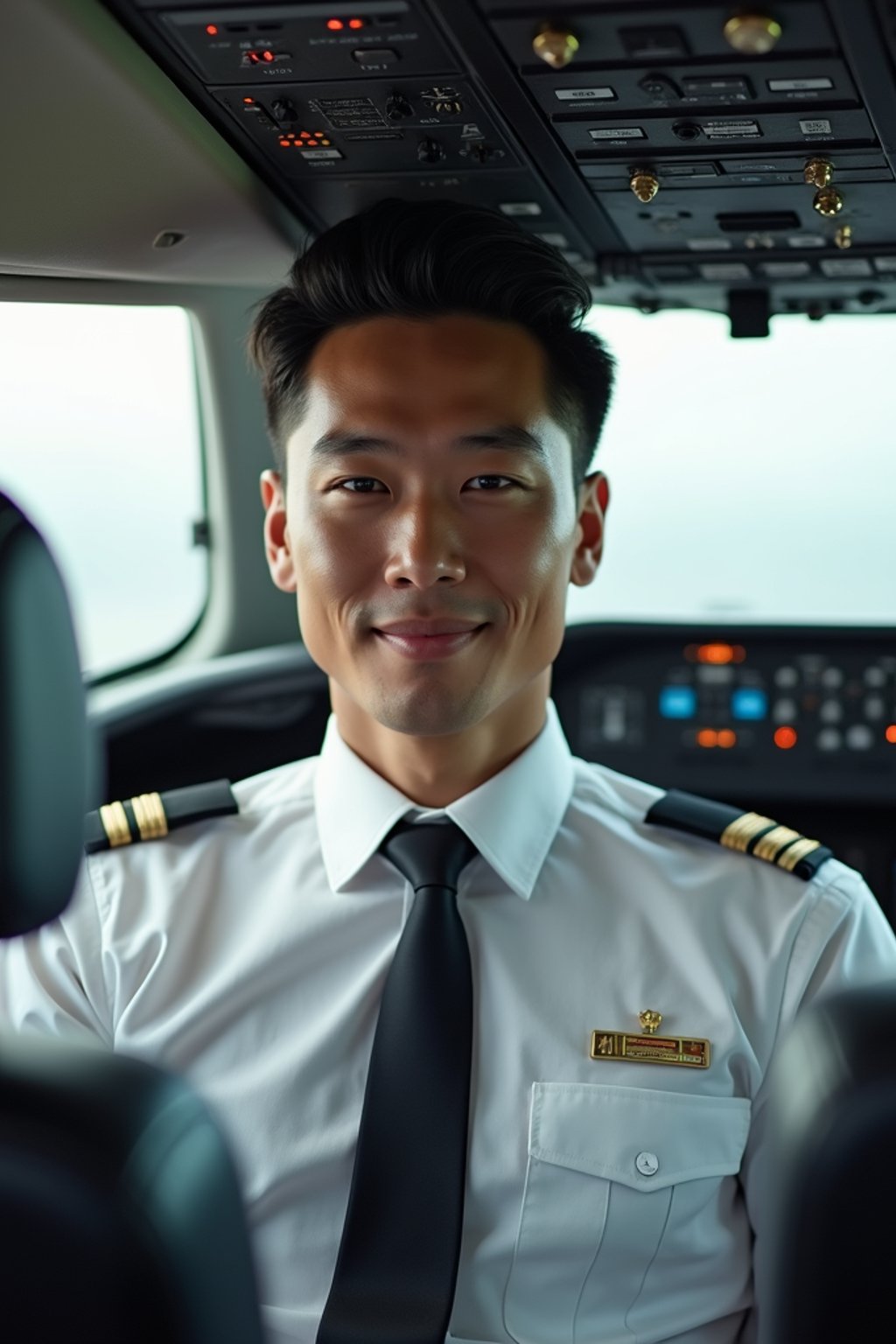 man as a Airline Pilot inside the Cockpit with white shirt Pilot Uniform